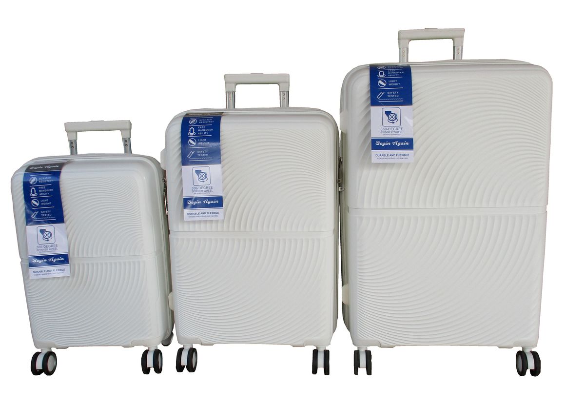 White Polypropylene 3 Piece Spinner Luggage Set- Hard Shell Durable