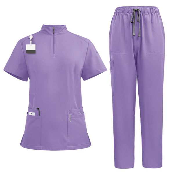 Stand Collar Zipper Women's Medical Uniform Work Suit Two-Piece Set
