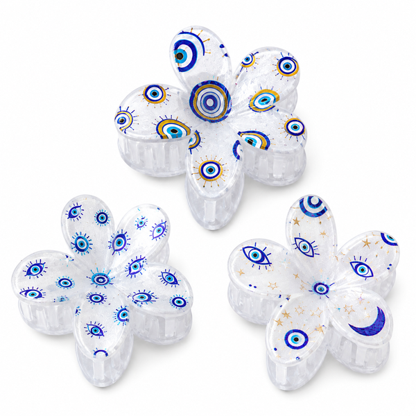 Evil Eye Flower Hair Claw Clips - Trendy Floral Non-Slip - 3 Pack