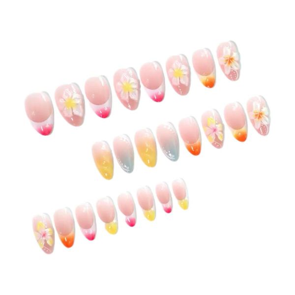 Colorful Flower Nail Art With 3D Gradient Patterns On False Nails
