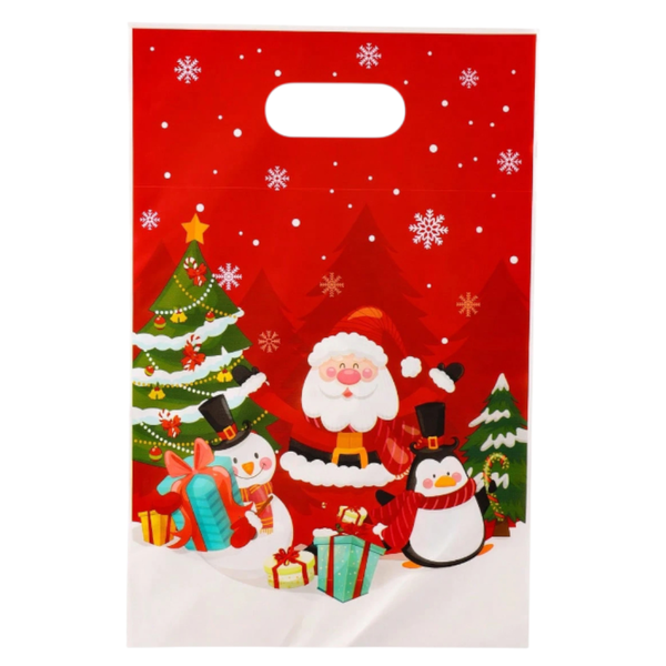 10 Pack - Santa, Penguin &amp; Snowman Design Merry Christmas Gift Bags - Red