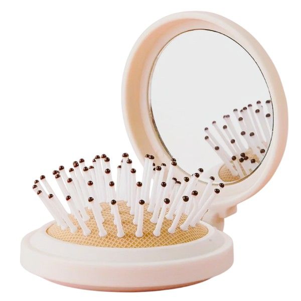 Mini Foldable Hair Brush With Built In Mirror - Beige