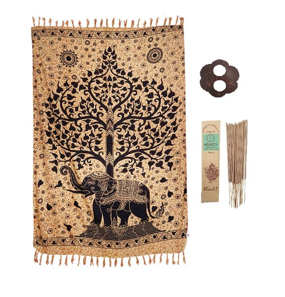 Sarong Tree Of Life Elepant With Coconut Shell Buckle And Incense Sticks