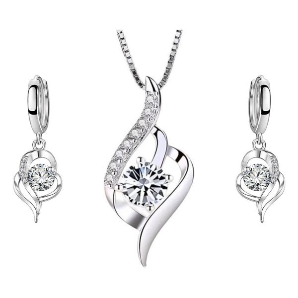 Heart Earrings and Necklace, 925 Silver Jewellery Set for Women - Silver