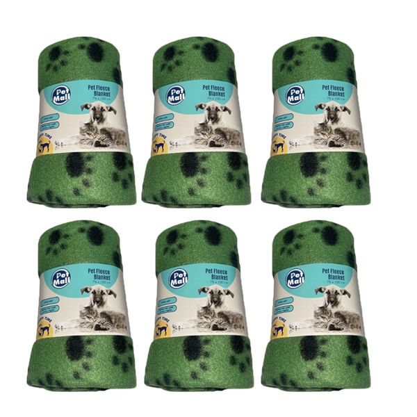 Pet Mall Pet Fleece Blanket Green Paw Print (76 x 100cm) - 6 Pack