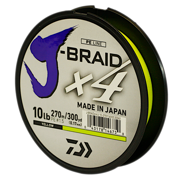Daiwa J-Braid X4 Braided Fishing Line, 4.8KG/10LB .17MM, Colour Yellow, 270m Spool