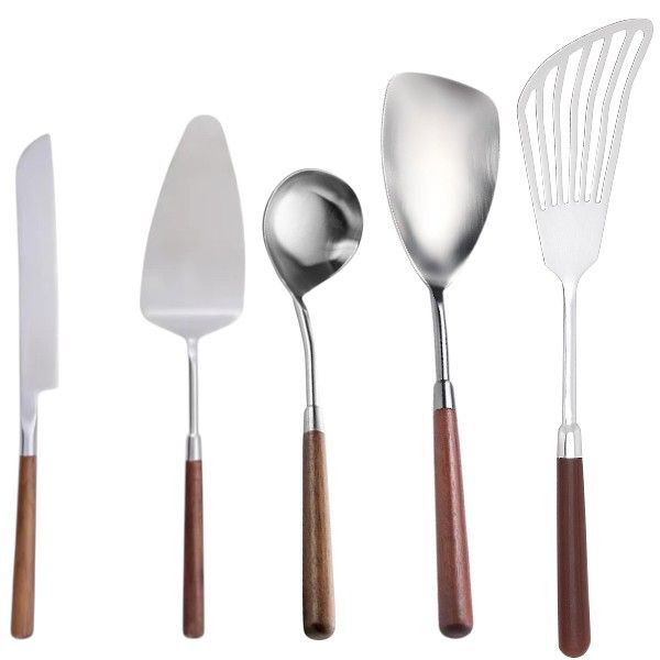 5-Piece Stainless Steel &amp; Wooden Handle Kitchen Utensil Set - Silver
