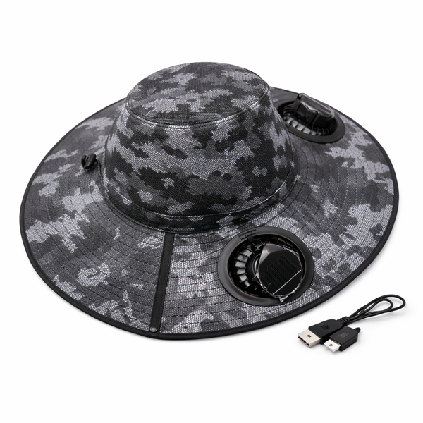 Wide-Brim Camouflage Hat with USB and Solar Charging Cooling Fan