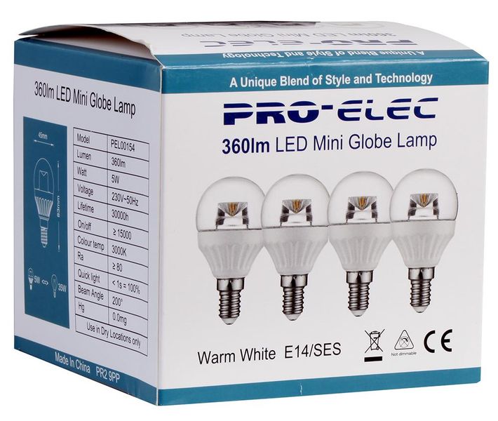 Pro Elec (PEL00351) LED Light Bulb, Clear Globe, E14 / SES, Warm White