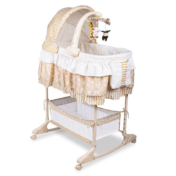 Baneen Baby Bassinet Cradle Cot with Wheels, Basket and Canopy - Coffee