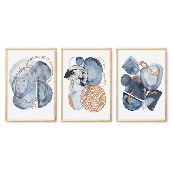Cape Art Framed Canvas 3 Piece 40x60cm Abstract Blue Gold