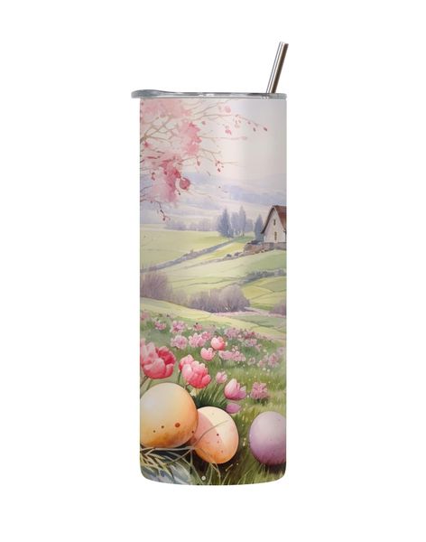 Pink 20 Oz Tumbler with Lid and Straw with Easter Graphic Design Present091
