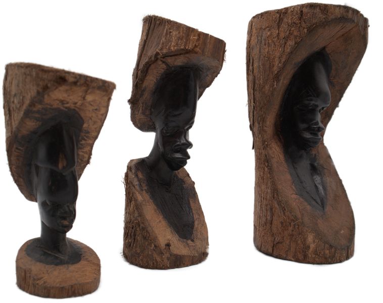 African Hand Carved Bark Head Figurine - Set of 3
