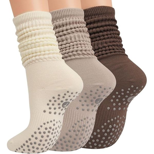 Women's Grip Pilates Yoga Slouch Socks-Non-Slip Long Scrunch Workout Socks