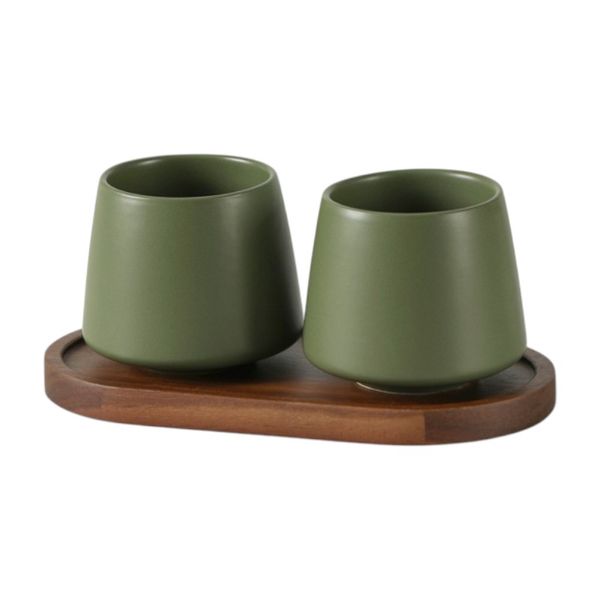 2 Piece Ceramic Mouthwash Cup Set with Wooden Tray - Green