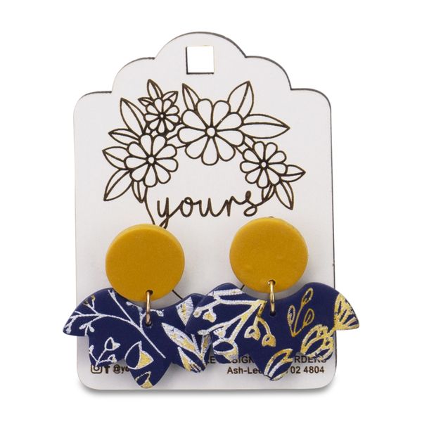 Yours - Hanging Earrings - Mustard and Navy - Resin - Botanical Print