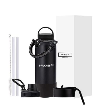 Pruchef - 1.2L Stainless Steel Double Wall Water Flask With 3 Lids - Black Image