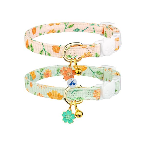 ALANES 2 Pack Cotton Breakaway Cat Collar Beige and Green Flowers