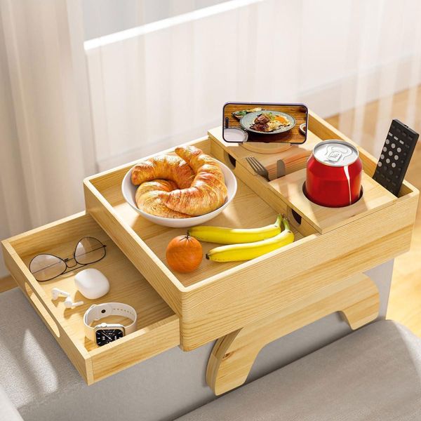 2Tier Wood Couch Sofa Arm Tray with Drawer,Drink Holder, Phone Holder Trays