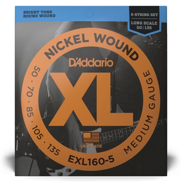D'Addario EXL160-5 Nickel Wound Bass Guitar Strings 50-105 Long Scale