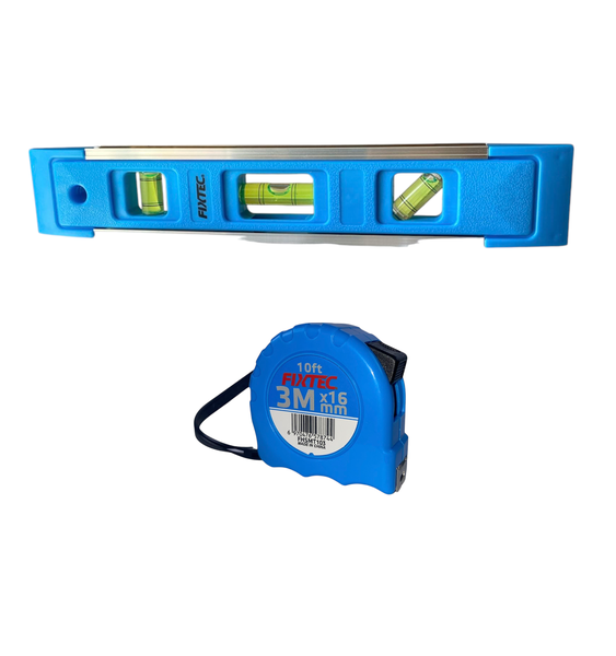 Fixtec 3m Steel Measuring Tape 16mm And 9" 23cm Mini Spirit Level