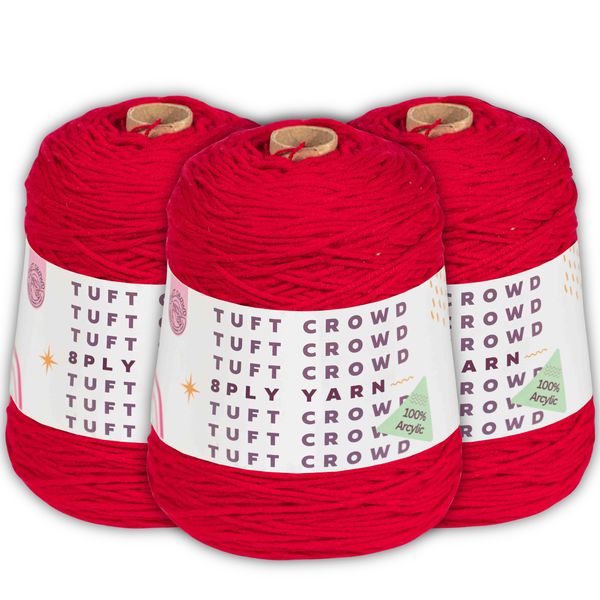 Red Yarn Single Colour, 8-ply Tufting Yarn, 100% Acrylic Yarn (3x400g)