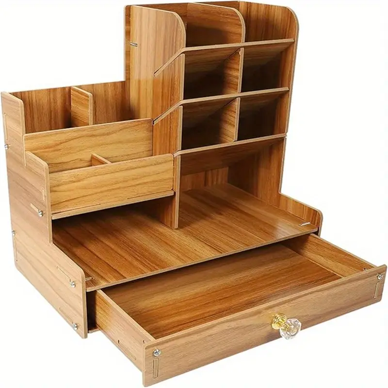 Desk Organizer Wooden Office Organizer Pen Stand Storage Box with Drawer