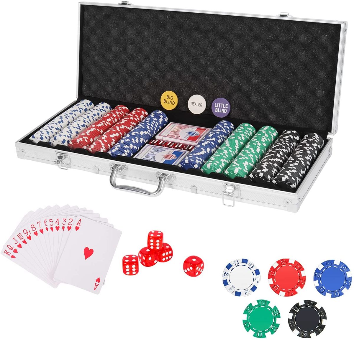 Poker Set 500 Pieces with Aluminum Case, 2 Decks of Cards, 5 Dice