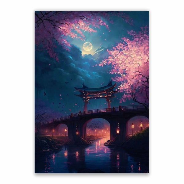 Japanese Bridge Pink Flowers Poster - A1