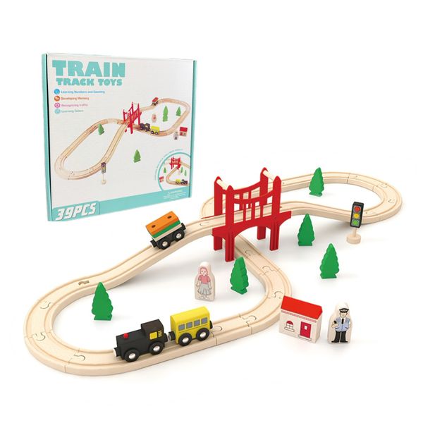 39-Piece Wooden Train Track Toy Set with Accessories for Kids