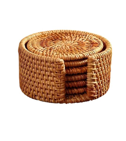 6-Piece Handwoven Rattan Coaster Set with Holder - Brown