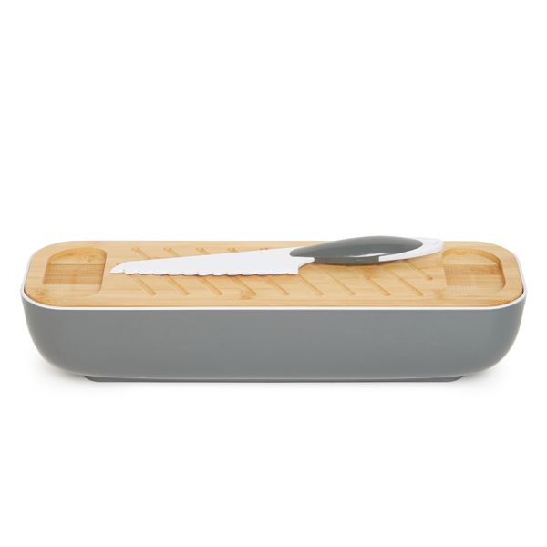 George &amp; Mason - Bread Bin With Bamboo Lid &amp; 27cm Knife - Anthracite