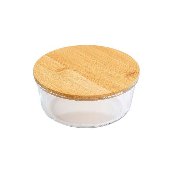 Round Glass Food Storage Container with Bamboo Lid - Transparent