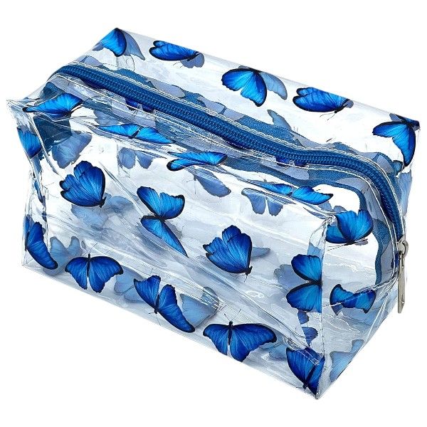 Butterfly Printed Cosmetic Makeup Bag - Blue/Transparent