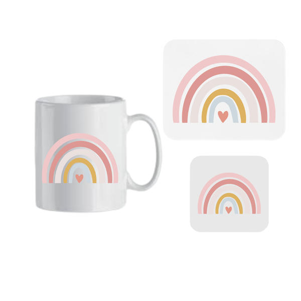 Mug, Coaster and Mouse Pad Combo - Rainbows with Heart