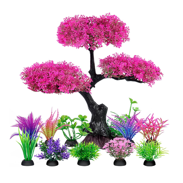 Artificial Aquarium Plant Set Purple Bonsai Tree with Mini Plants