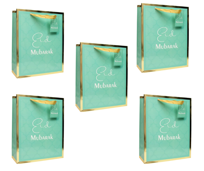 5PK Big Eid Mubarak Green &amp; Gold Foil Print Gift Bag with Handle &amp; Tag