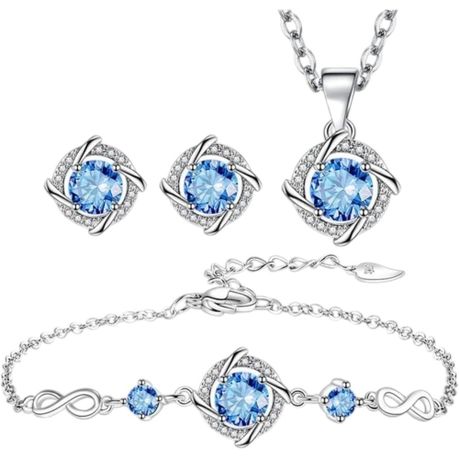 Blue Zirconia Pinwheel Shape Pendant Necklace Earrings Bracelet Jewelry Set Image