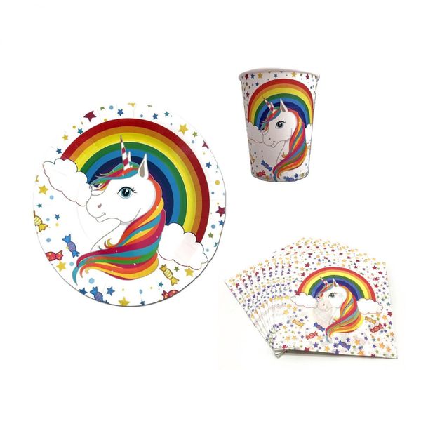Rainbow Unicorn Theme Party Cups, Plates &amp; Napkins