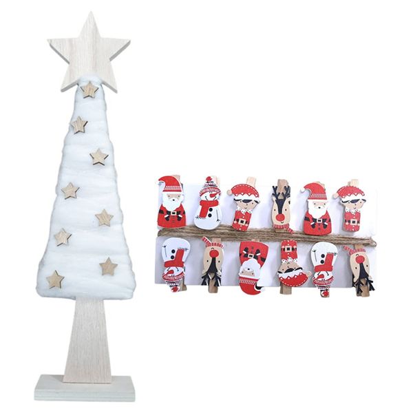 Set of 12 Handmade Wooden Christmas Clips with Christmas Tree Wooden Stand