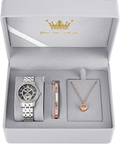 OLEVS Women's Starry Sky Watch Set - Silver &amp; Black