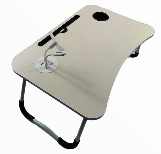 Beige Foldable Laptop Table For Bed With USB Port Mini-fan And Light