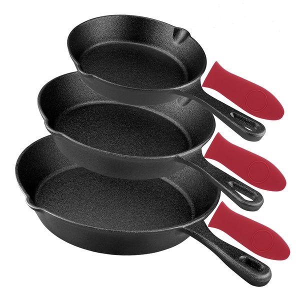 3-Piece Cast Iron Non-Stick Frying Pan Set With 3 Silicone Pot Handle Covers