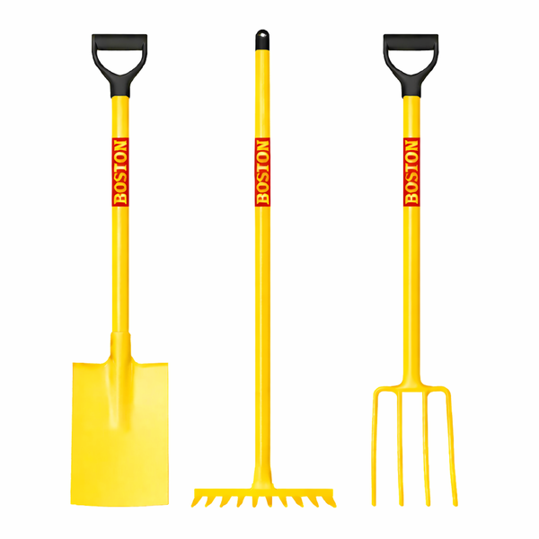 BOSTON Garden Heavy Duty Steel 3-Piece Long Handle Tool Set-Spade Fork Rake