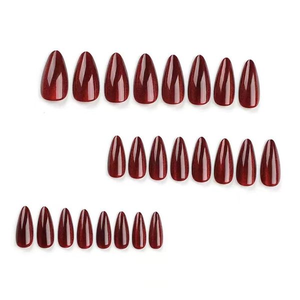 French Cat Eye Red Nail Art Solid Color Almond Shaped False Nails