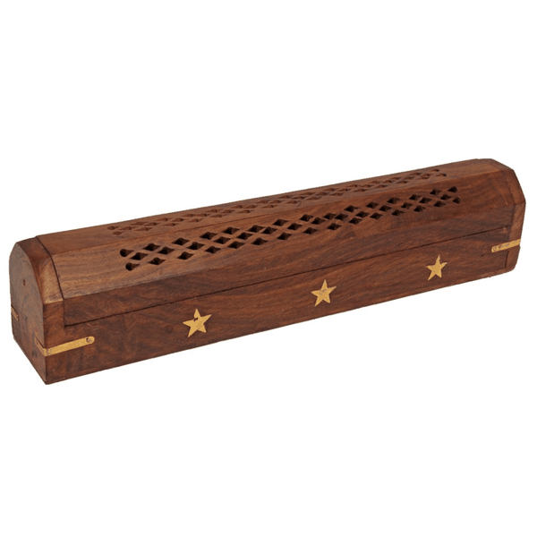 Handmade Wooden &amp; Brass incense sticks &amp; Cone Burner Coffin Box - Stars