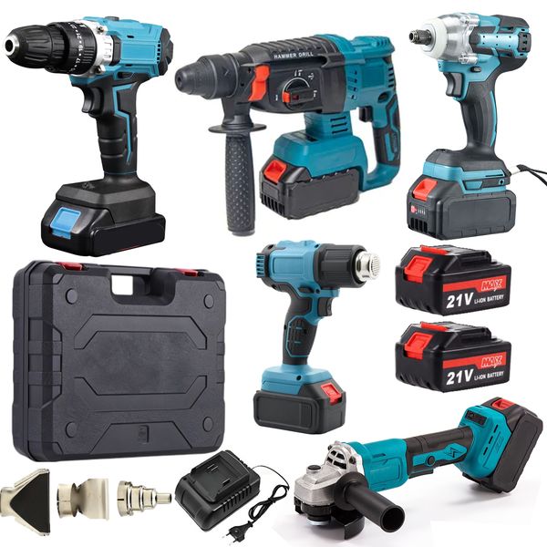 21V Cordless Hammer Drill, Impact Wrench, Grinder, Drill, Heat Gun &amp; Case