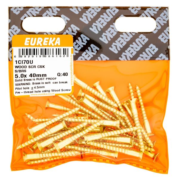 EUREKA Wood Screw Countersunk Solid Brass 5 x 40mm Q:40 1CI70U