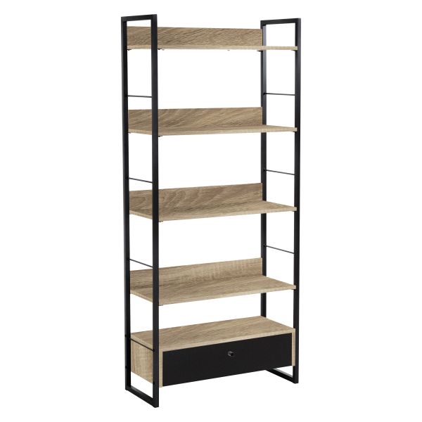 Baltic 5 Tier Large Bookshelf with Large Drawer &amp; Powder Coated Steel Frame