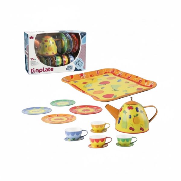 Colourful Tinplate Tea Set with Teapot, Cups, Saucers &amp; Serving Tray